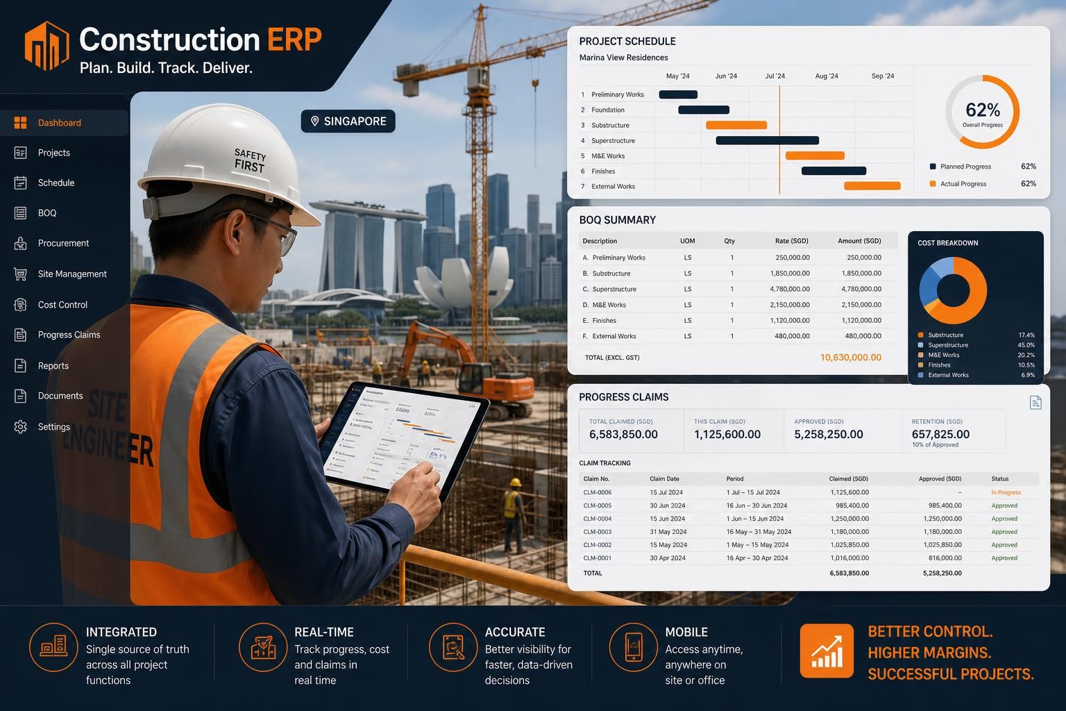 Construction ERP software dashboard for a Singapore main contractor
