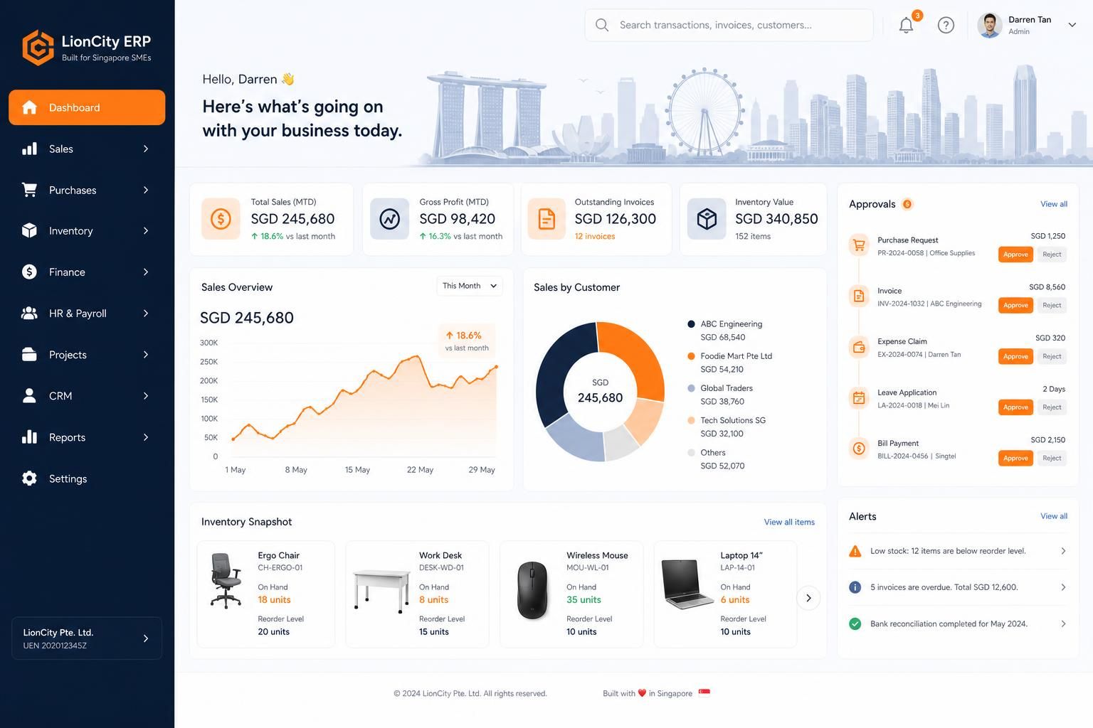 AI ERP Singapore dashboard showing workflow automation and SME operations