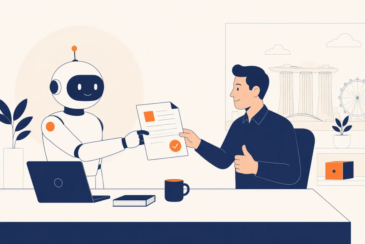 An AI assistant working alongside a person, passing work across for human approval