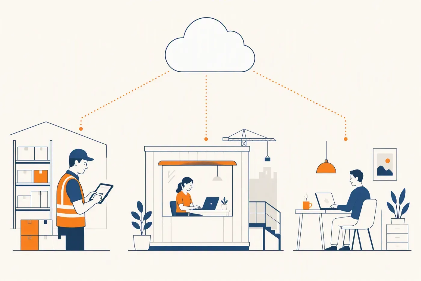 Staff working from a warehouse, a site office and home, all connected to one cloud system