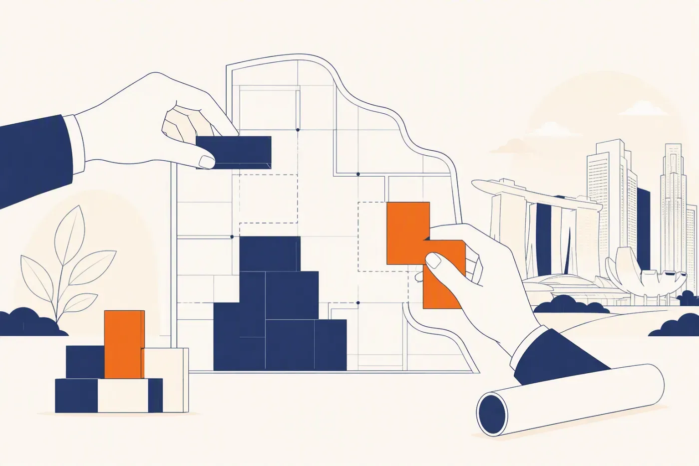 A custom ERP being fitted precisely to an existing business shape, like modular blocks to a blueprint