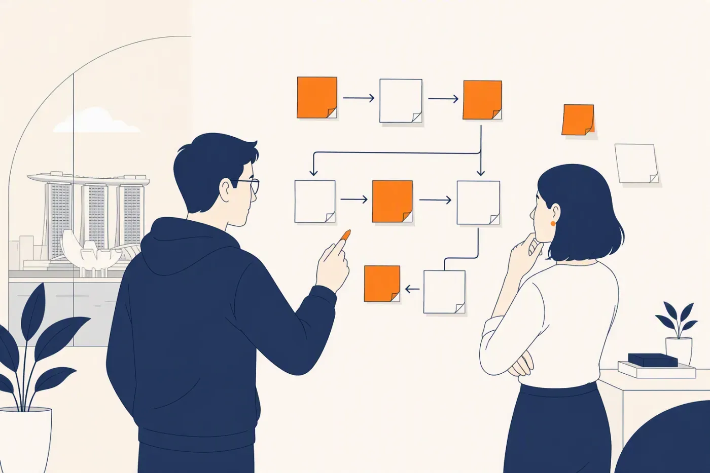 A developer and a business owner mapping a real workflow together before any code is written