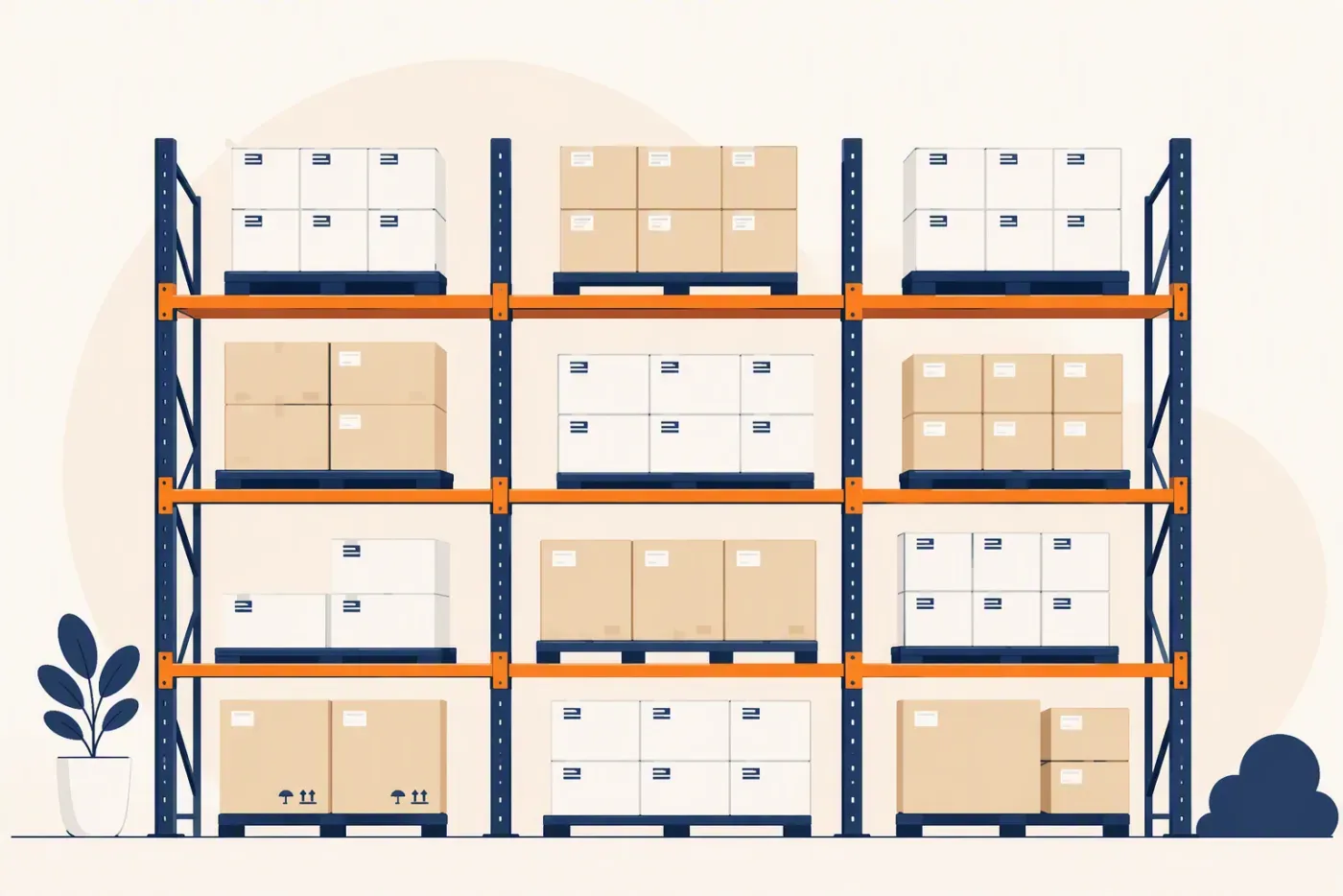 Organised warehouse shelving with neatly labelled and stacked stock