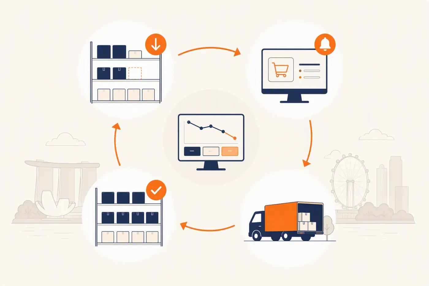 The replenishment cycle: stock falling, a reorder triggered, delivery arriving, shelves refilled