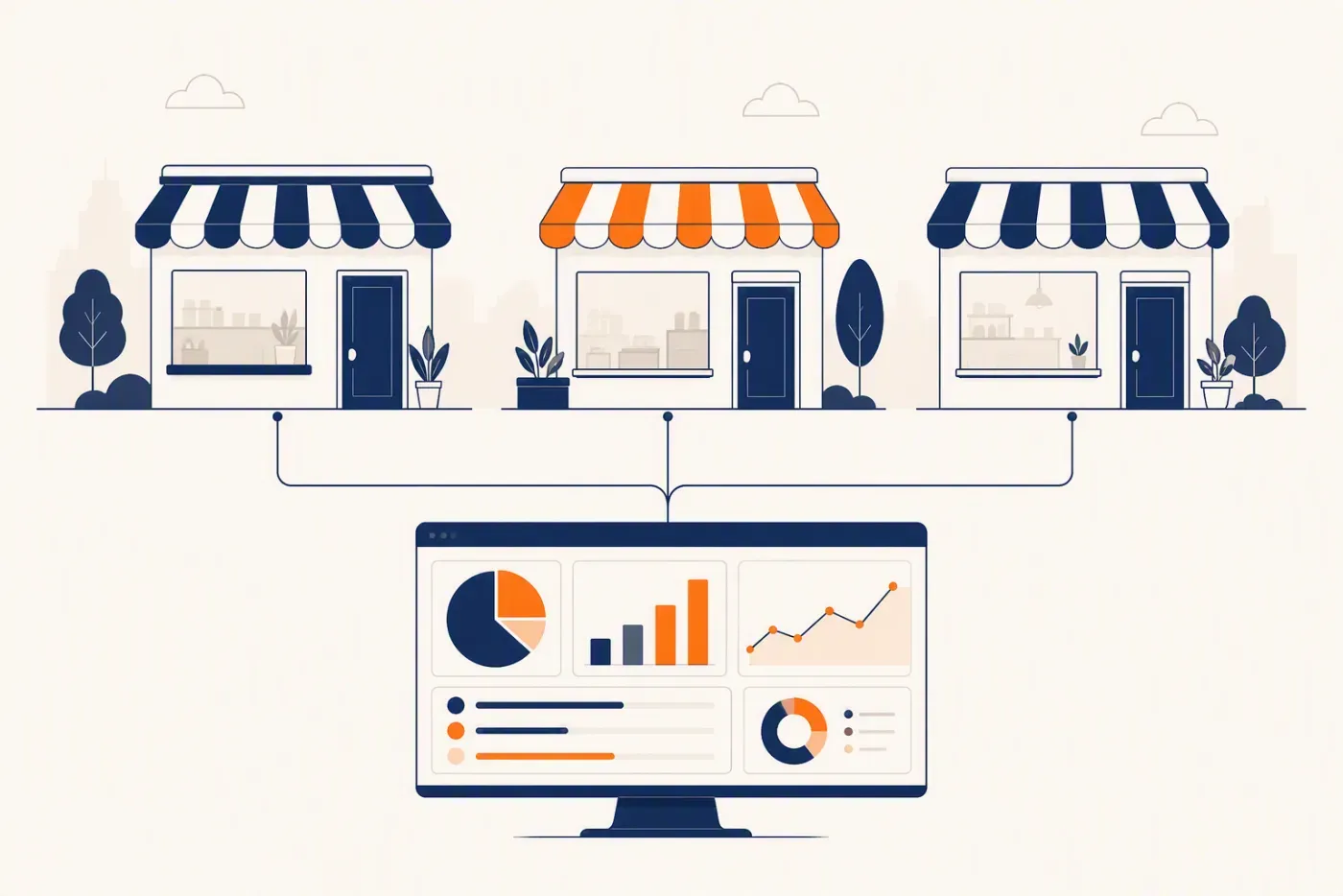 Three outlets reporting into one central view of sales and stock
