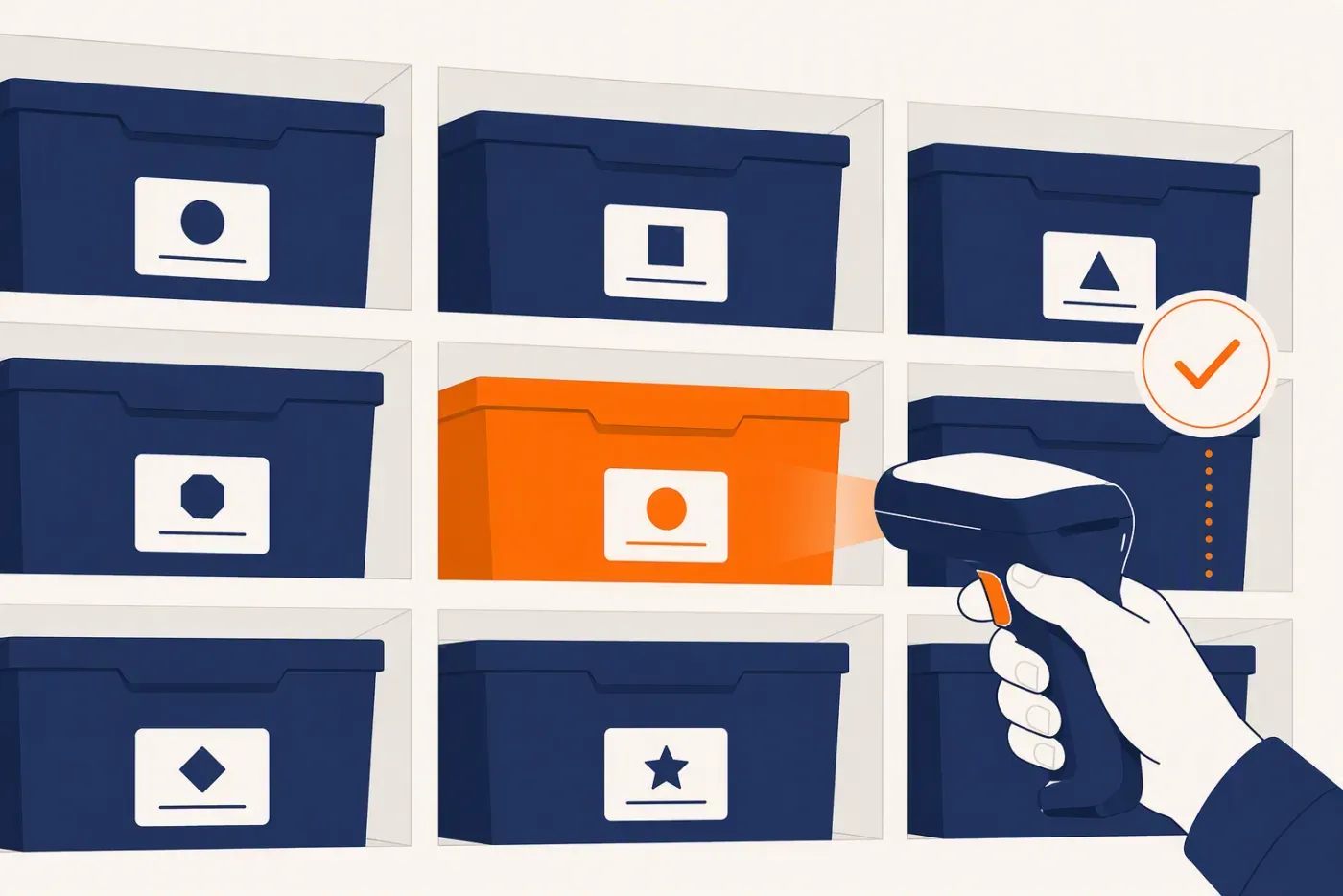 Labelled storage bins being confirmed with a handheld scanner at the point of pick