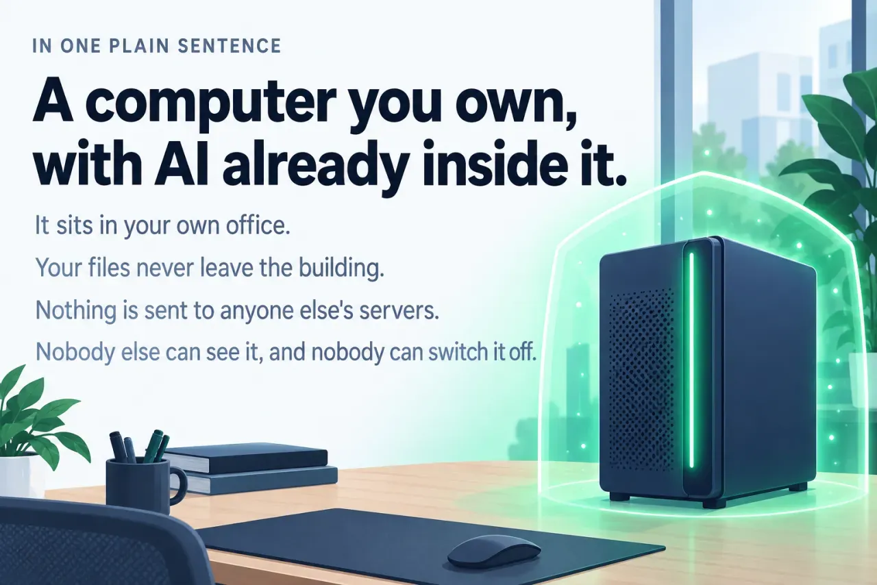 Illustration of a compact computer with AI inside, sitting in an office. Your files never leave the building and nothing is sent to anyone else’s servers.